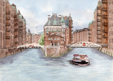 Poster DIN-A3 Aquarell Maritim Kunst Druck Kunstdruck Hamburg-Speicherstadt - HH9